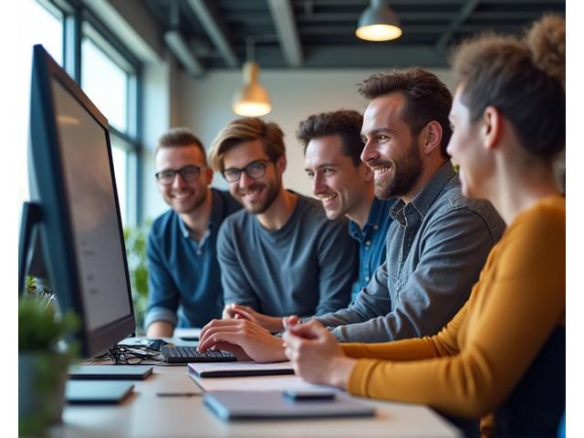 Diverse team working collaboratively in a modern, open office space, engaged in a discussion.