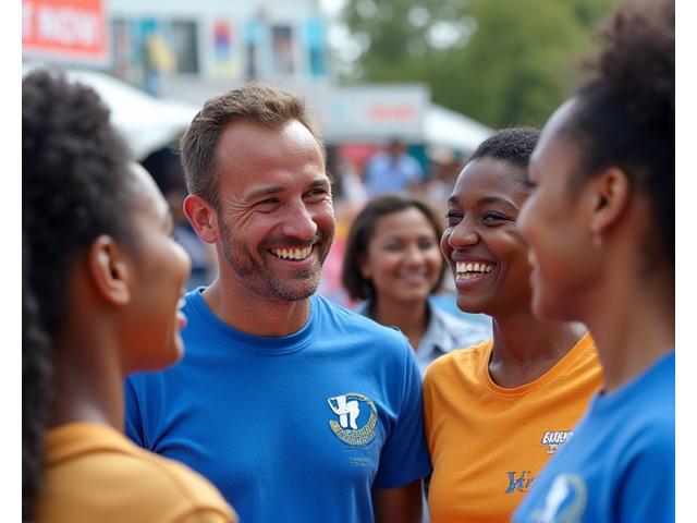 Diverse group of people smiling and interacting in a community setting, representing Houston's multicultural population.