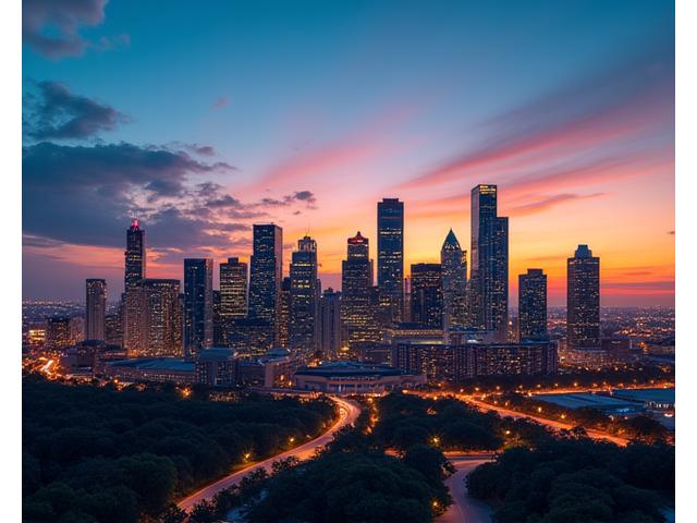 Panoramic view of the Houston skyline at sunset, symbolizing connection and growth.