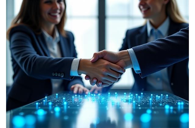 Two business professionals shaking hands with a digital network overlay