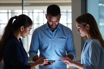 Business professionals collaborating with digital devices, representing corporate data plans