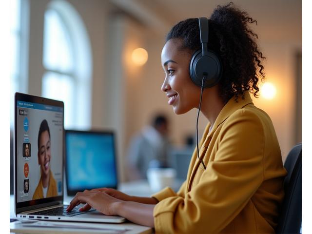GoMo customer support agent assisting a client on a laptop with a friendly smile