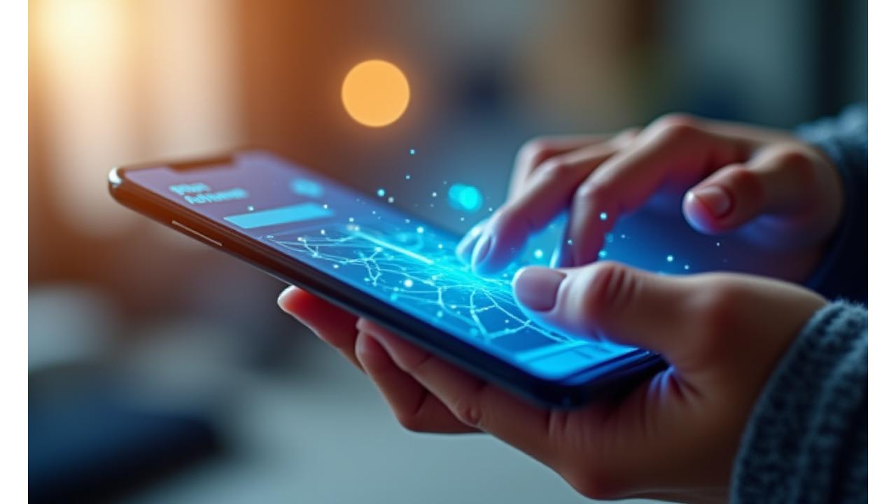 Person instantly activating a mobile data plan on a smartphone with glowing network lines