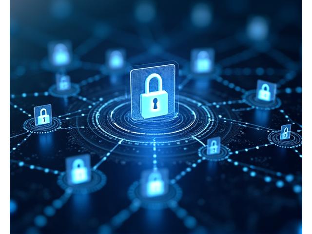 Abstract illustration of interlocking shields and digital lock icons, symbolizing robust data encryption and fraud protection in a secure digital environment.