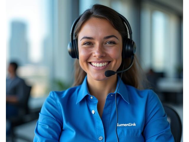 Friendly GoMo customer support representative in a modern office, assisting a client via headset with Houston skyline in background