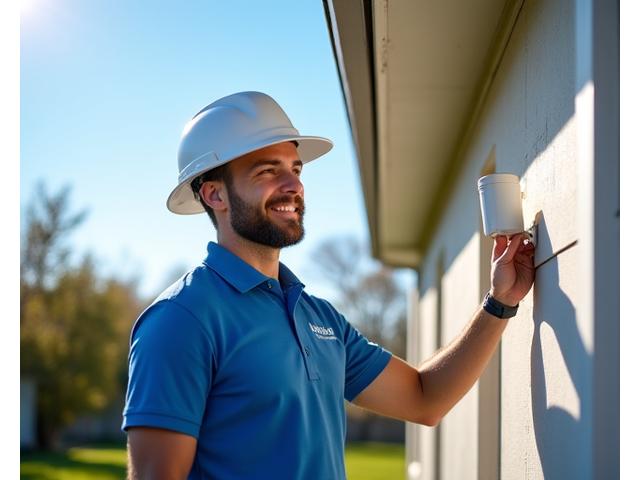 GoMo technician installing fixed wireless outdoor antenna on a residential home, illustrating a step-by-step process