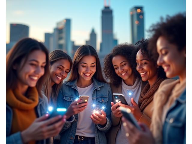 Diverse group of people in Houston connecting globally with mobile devices, featuring a backdrop of Houston skyline and global communication lines