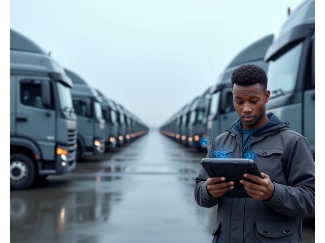 Fleet of trucks with logistics professionals using tablets, representing telecom solutions for transport and logistics