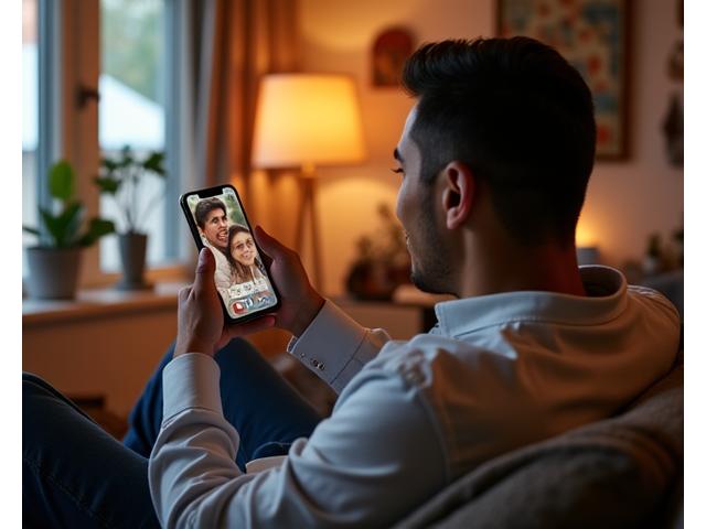 Migrant worker video calling family on a mobile phone, representing connection and affordability