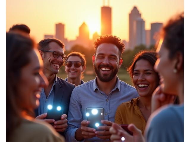 Diverse group of people from various cultures communicating happily through mobile devices, with Houston city skyline subtly in the background.