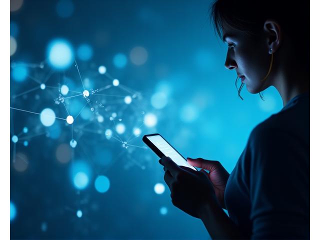 Someone speaking on a clear phone call, illuminated by a network of light representing high-definition voice technology.