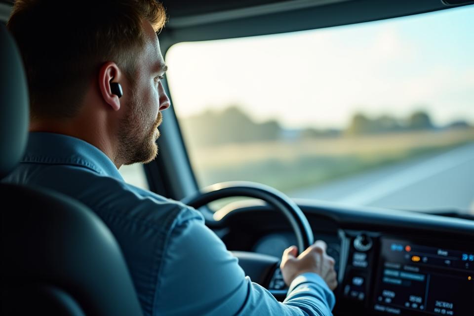 Truck driver in a modern cabin, safely operating a communication device, focusing on hands-free safety and secure communication.