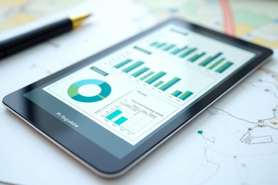 Tablet displaying a detailed dashboard with charts and graphs on logistics operational efficiency, showing metrics like fuel consumption, delivery times, and maintenance schedules.