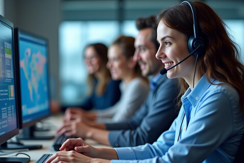 Diverse team of GoMo support professionals in a modern office, one interacting with a logistics team on a call, showing expertise and dedication.