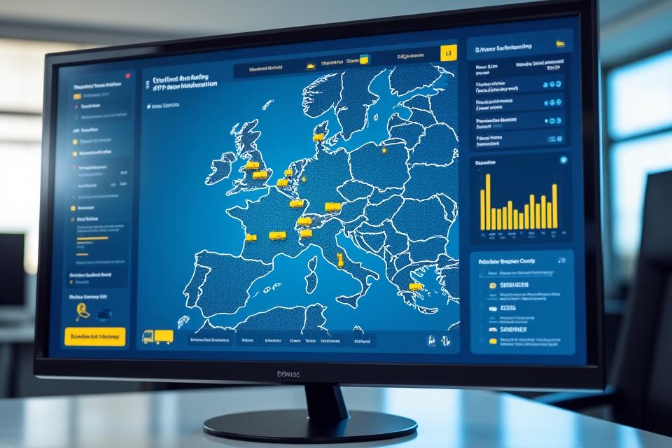Digital dashboard displaying real-time GPS tracking of multiple trucks on a map, with data overlays for speed, location, and communication status.