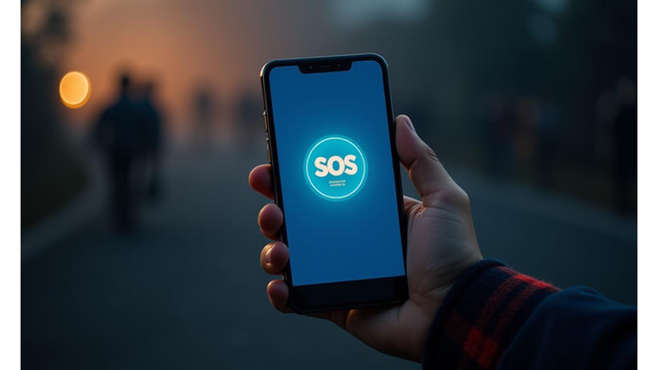 A hand holding a mobile phone displaying an SOS or emergency contact screen, with a blurred background of a rescue team or a global communication network. Evokes a sense of safety and urgent connection.