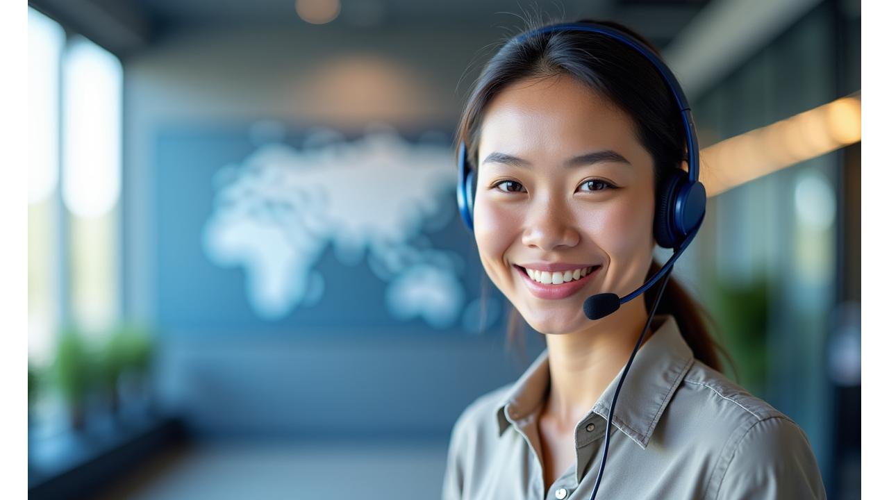 Friendly diverse customer service representative wearing a headset and smiling, with blurred international flags in the background, symbolizing multilingual support.