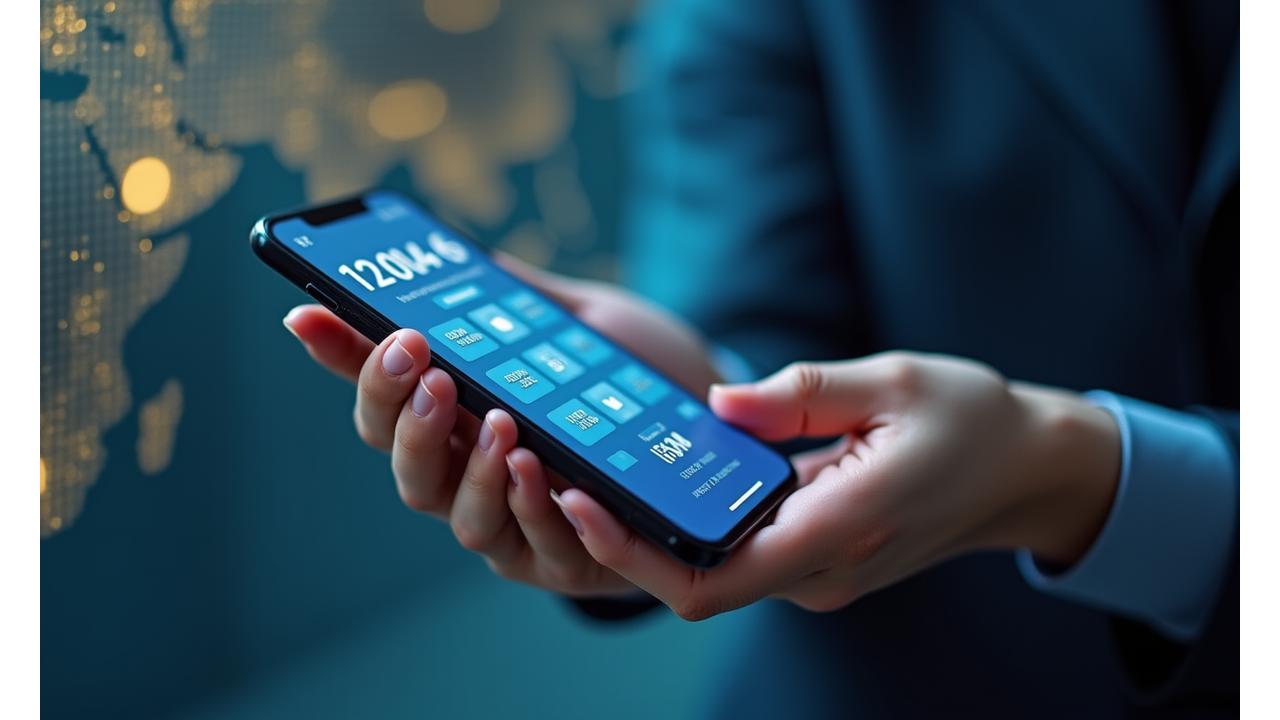 A hand holding a smartphone showing a money transfer app interface, with global currency symbols and network lines in the background. Another hand is reaching out as if receiving. The image conveys secure and integrated financial and mobile transactions.