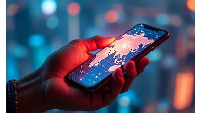 Smartphone with a vibrant world map on screen, symbolizing global connectivity services offered by GoMo.