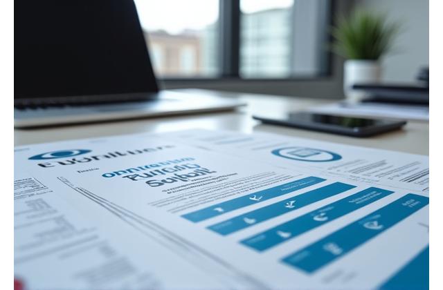 Pile of compliance documents and certificates on a desk, with a watchful eye icon overlaid, symbolizing regulatory adherence and monitoring.