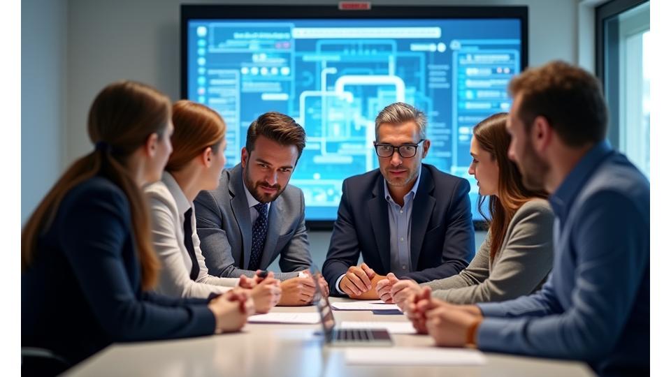 Group of diverse business professionals engaged in an interactive cybersecurity training session, looking attentive and collaborative.
