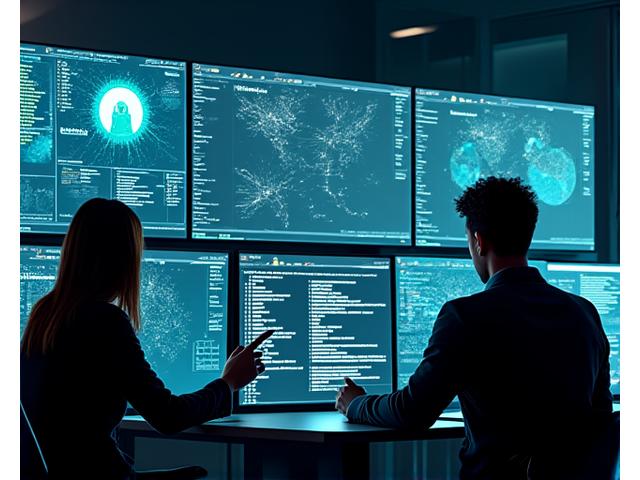 Dynamic visual representation of a security operations center (SOC) with multiple screens showing data feeds and a crisis response team, conveying urgency and control.