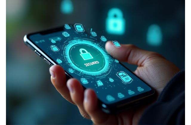 Close-up of a smartphone screen showing a secure digital payment transaction, with abstract cybersecurity elements floating around, emphasizing mobile and payment system security.