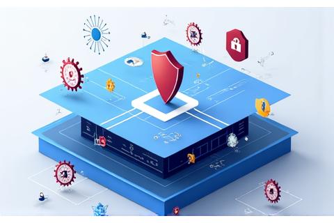 Visual representation of a layered shield protecting a network diagram, symbolizing multi-layer cybersecurity protection.